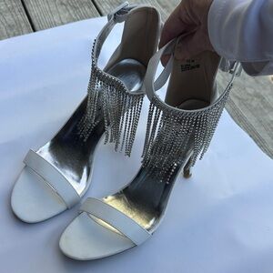White Rhinestone Fringe Open-Toe Heels